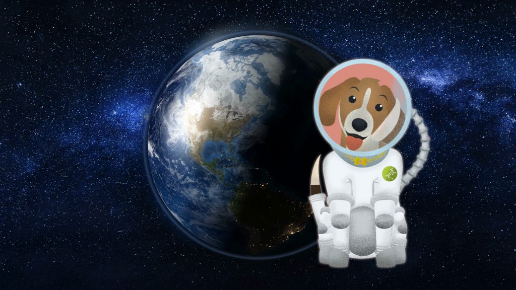 Illustrazione di Sirio, con un cagnolino che indossa una tuta spaziale